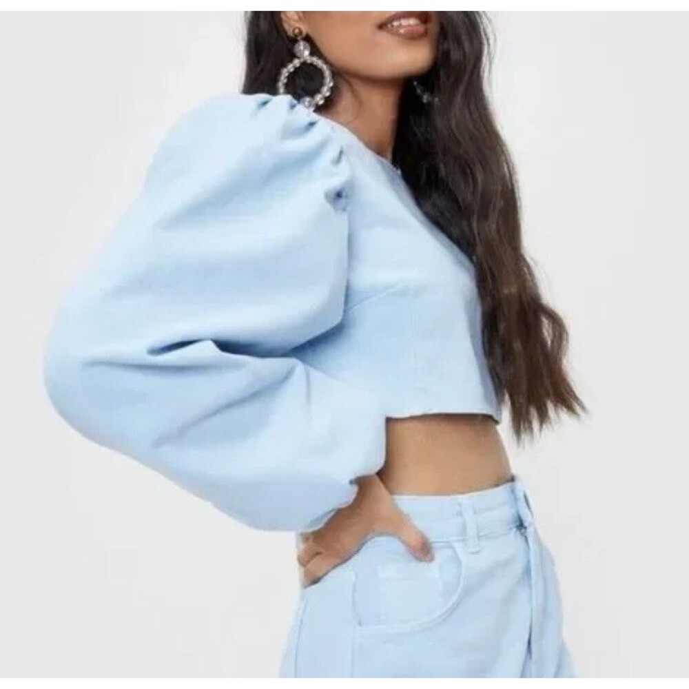 NWT Nasty Gal Size 2 Wash Me Go Cropped Puff Sleeve Denim Top Boho Western